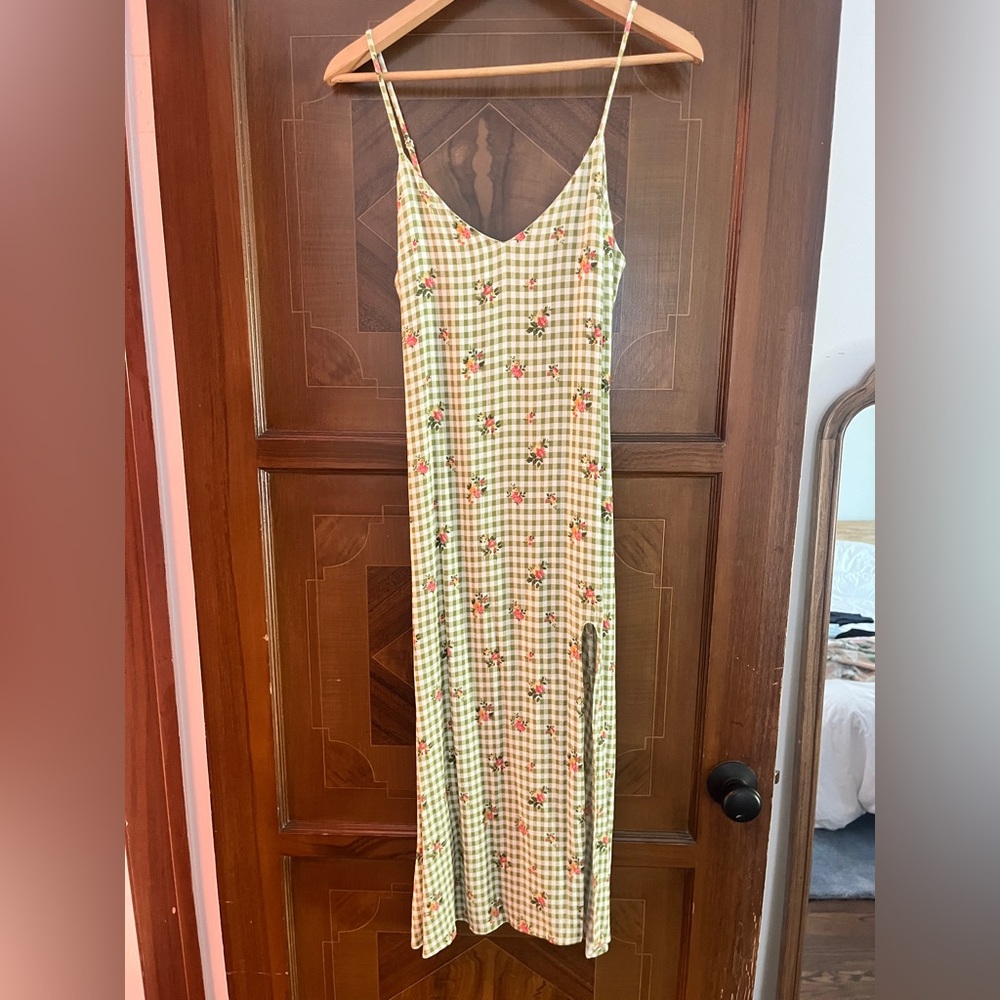 Reformation Green gingham silky midi dress